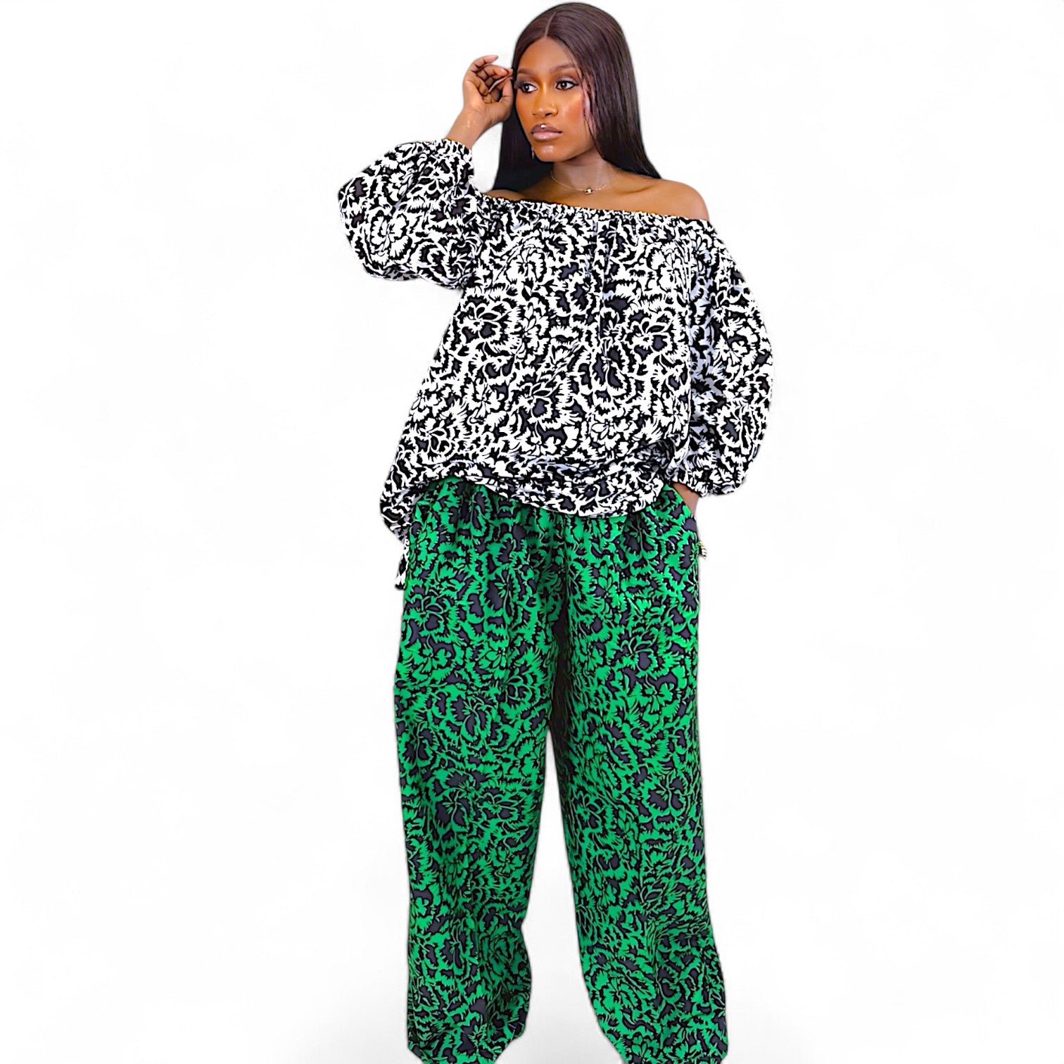 IYA Ankara Off-Shoulder Top And Wide Leg Pants Set