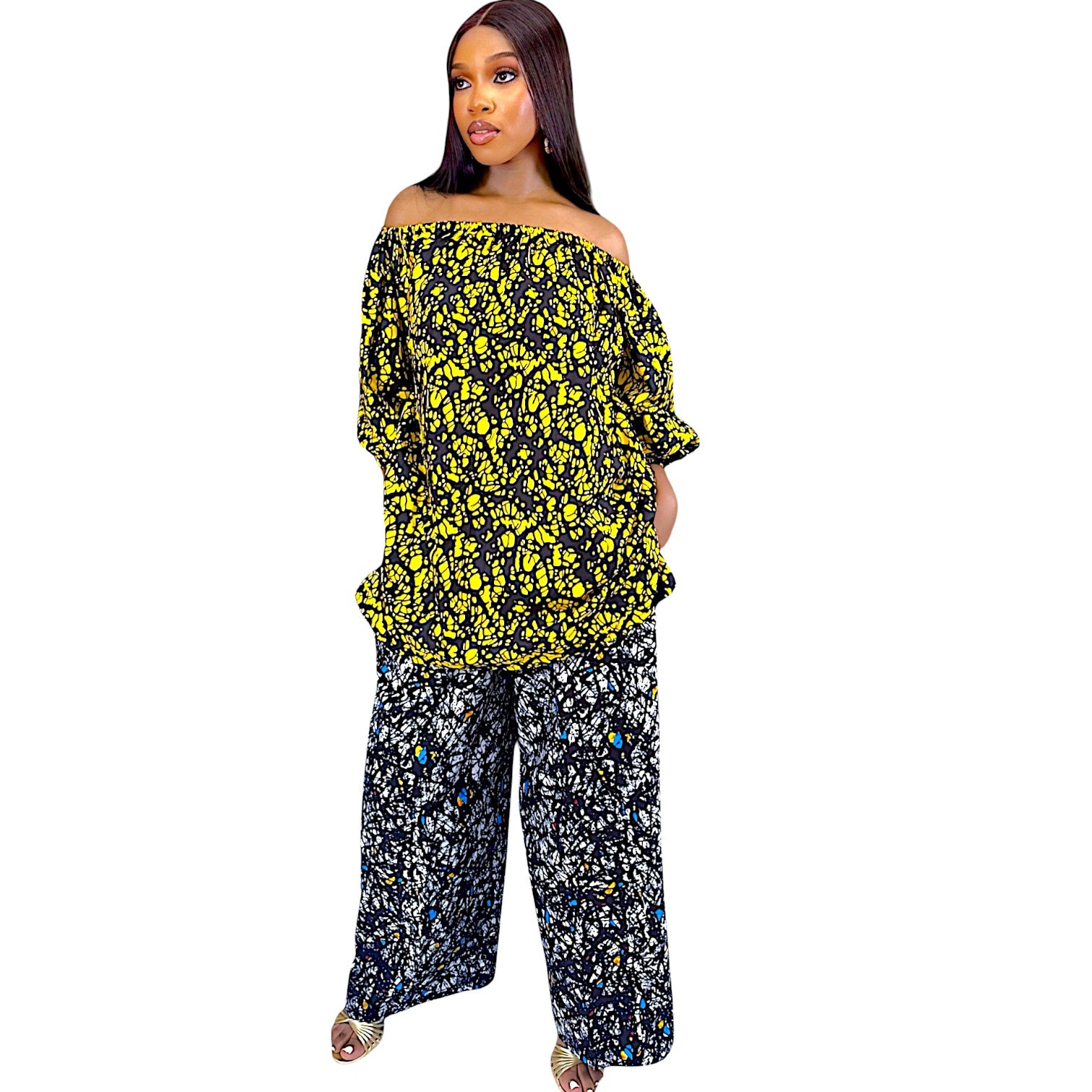 Àṣà Ankara Off-Shoulder Top And Wide Leg Pants Set