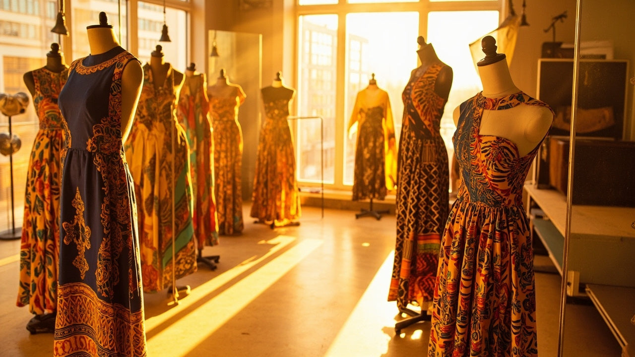 bright studio with african print clothing on mannequins and sunlight streaming in