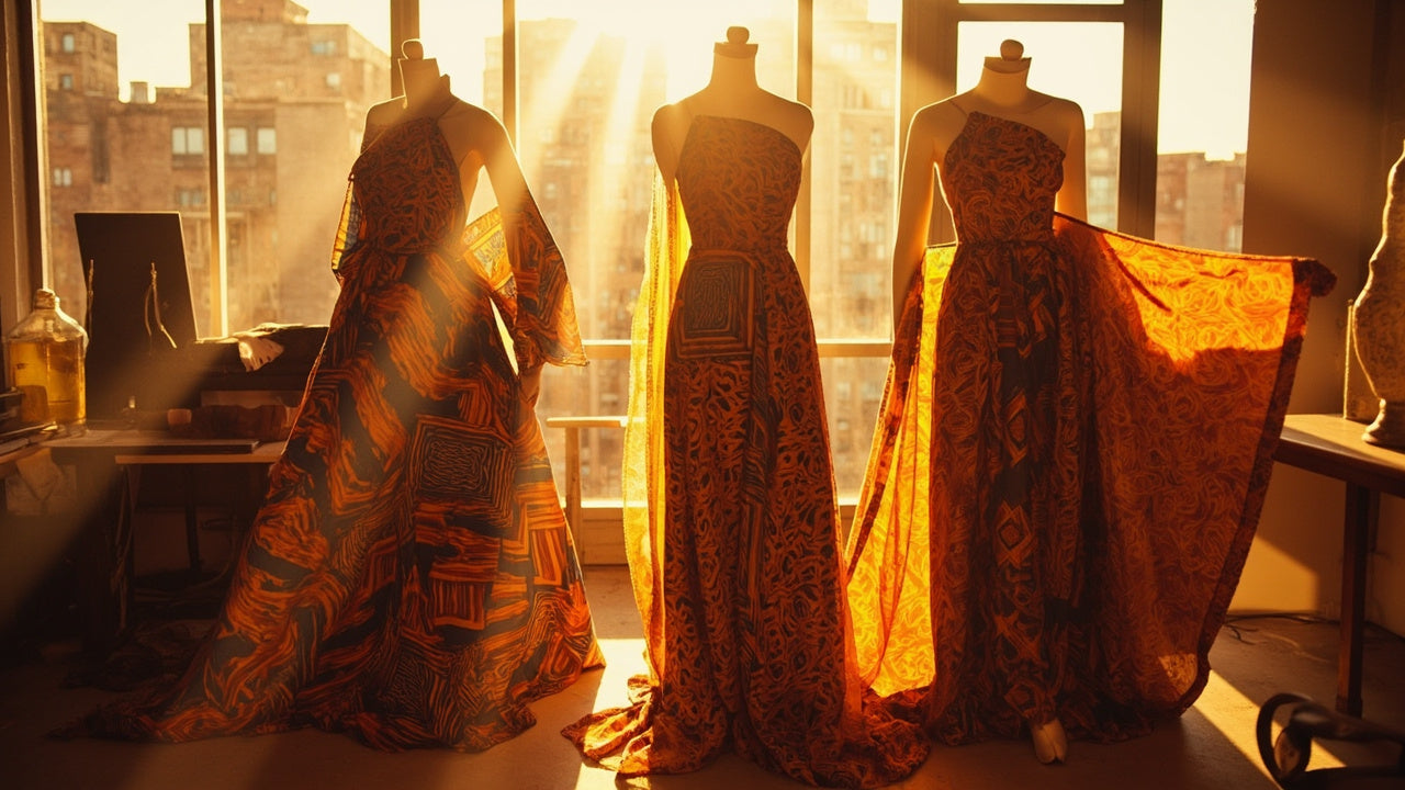 bright studio with colorful african print clothing displayed on modern mannequins