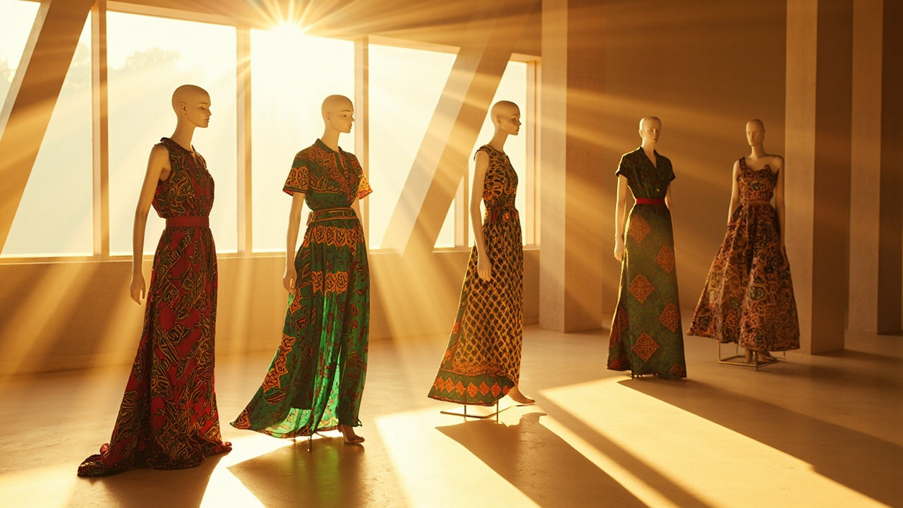 bright studio with colorful african print clothing on mannequins, warm light, modern setting