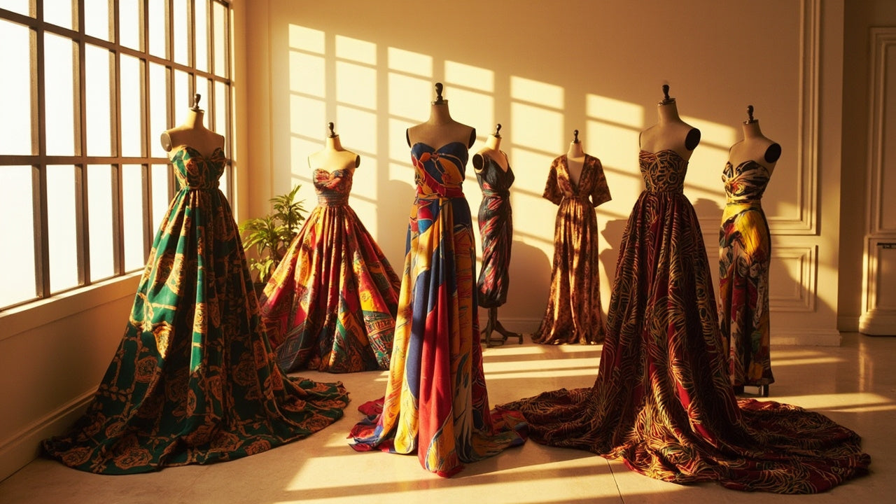 colorful african-inspired clothing displayed in bright studio with soft natural lighting