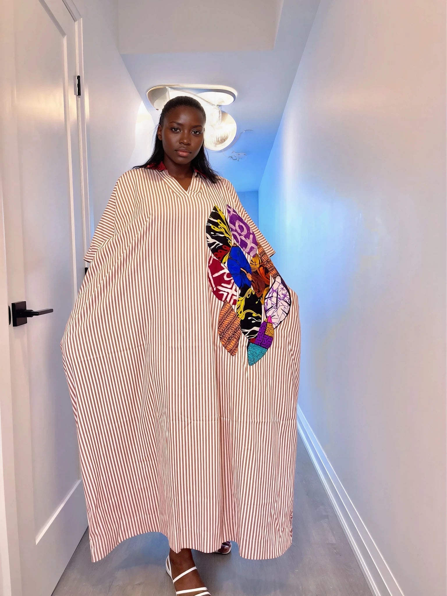 African Adire Bubu Dress with Vibrant Patches