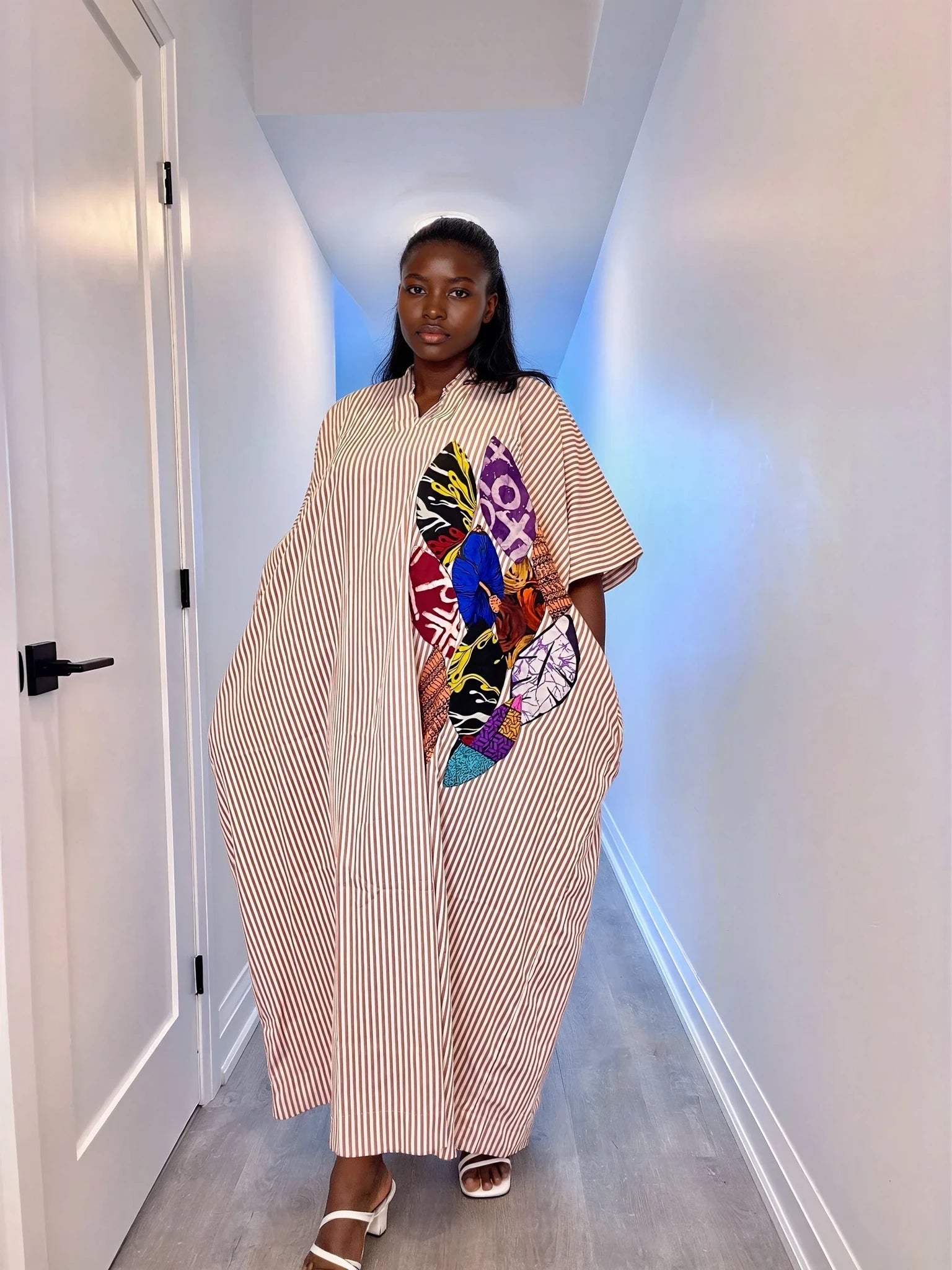 African Adire Bubu Dress with Vibrant Patches