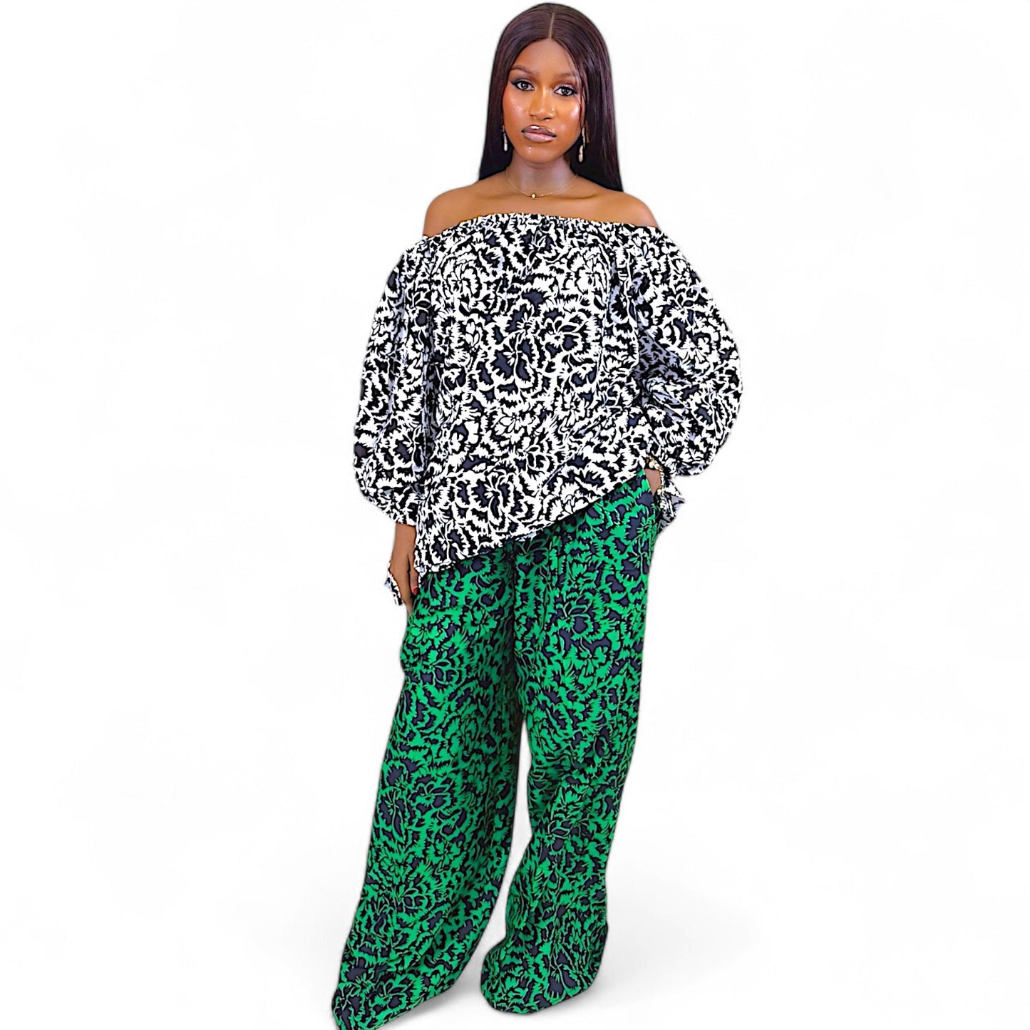 IYA Ankara Off-Shoulder Top And Wide Leg Pants Set