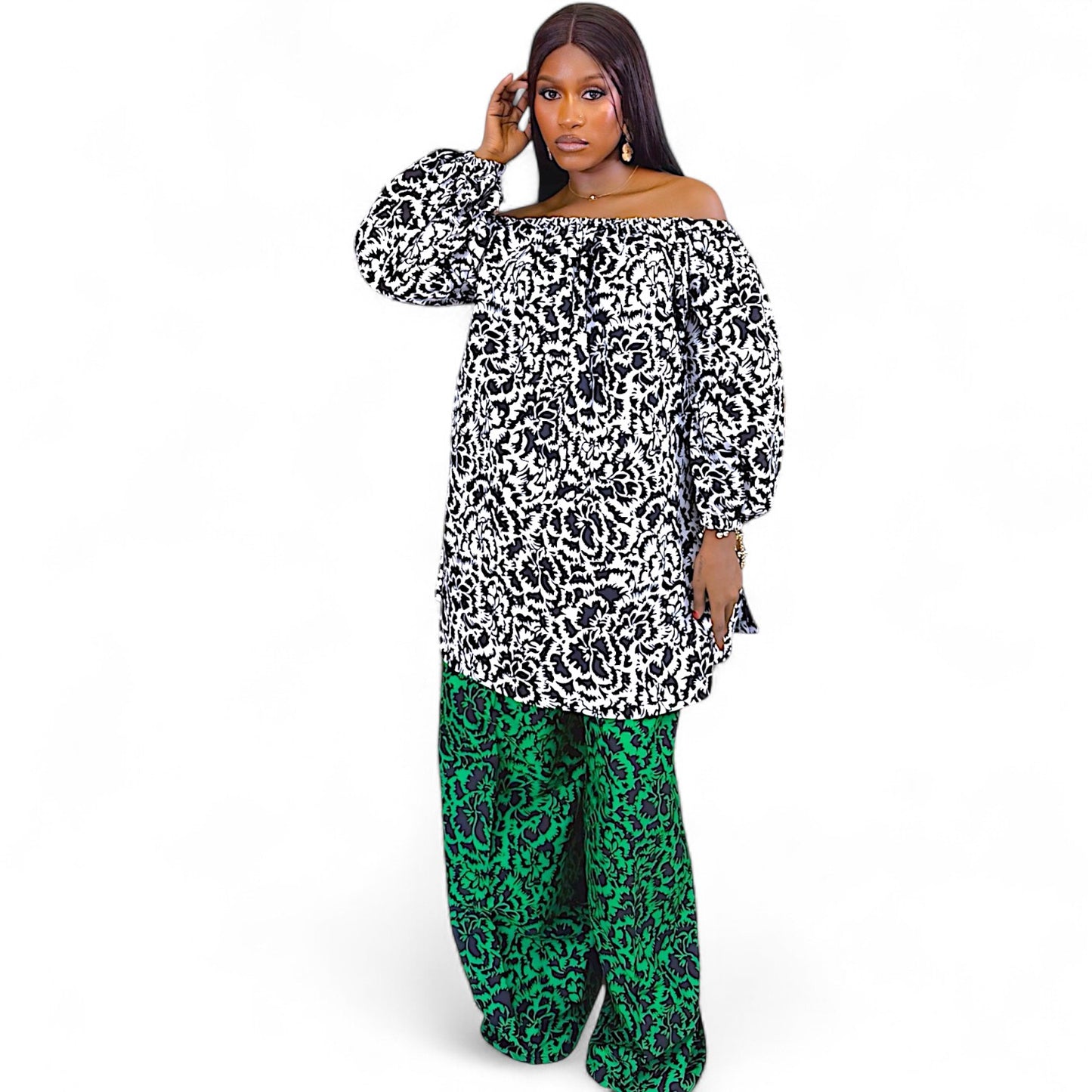 IYA Ankara Off-Shoulder Top And Wide Leg Pants Set