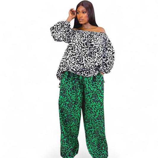 IYA Ankara Off-Shoulder Top And Wide Leg Pants Set
