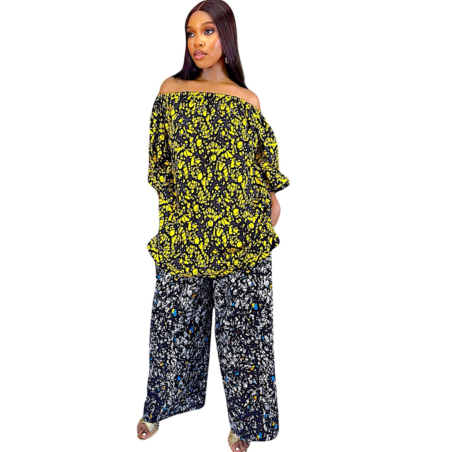 Àṣà Ankara Off-Shoulder Top And Wide Leg Pants Set