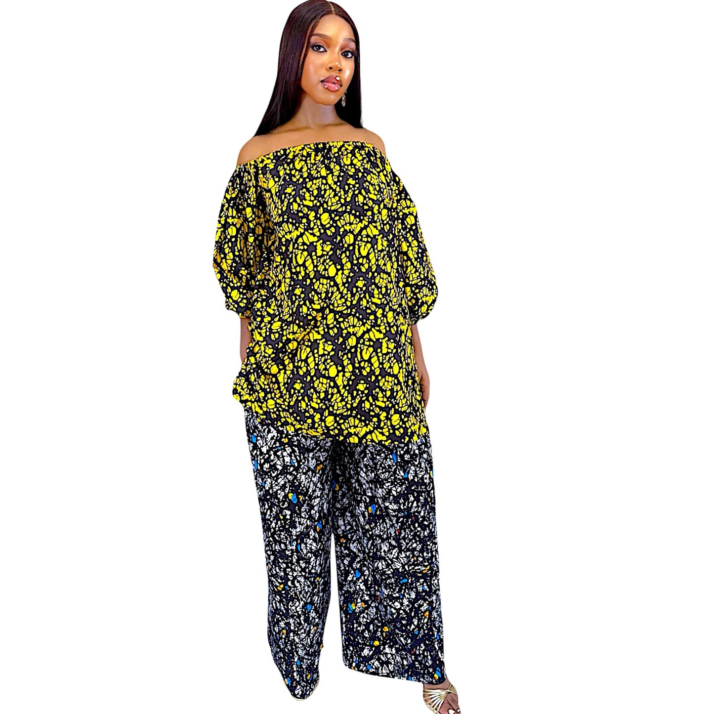 Àṣà Ankara Off-Shoulder Top And Wide Leg Pants Set